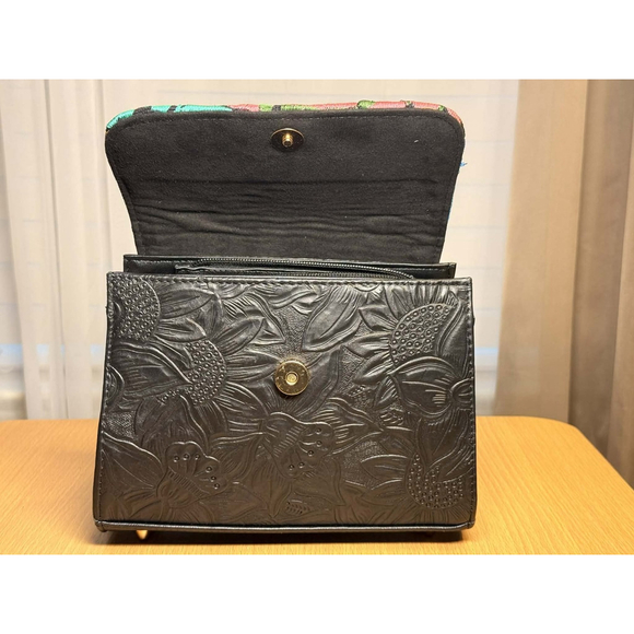 Floral Embroided Embossed Tooled Artisan LEATHER Crossbody Bag Purse - Black - Picture 13 of 16
